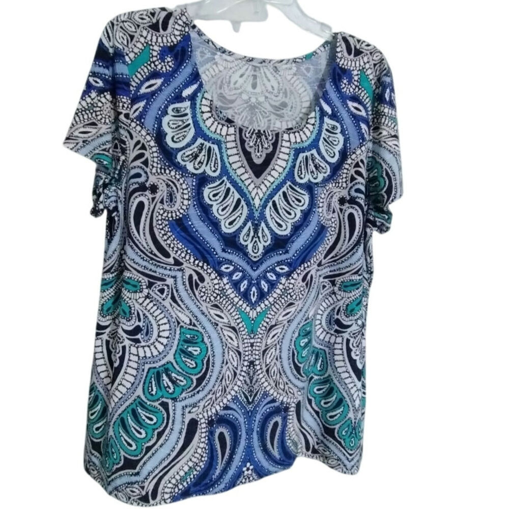 Croft & Barrow Womens Top Sz XL Blue Teal Paisley Print Stretch Knit Scoop Neck
